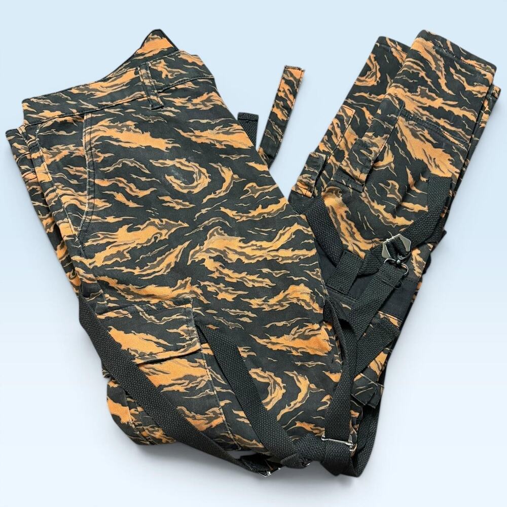 Valabasas Pants Mens 36x32 Black Tiger Camo Cargo Strap Buckle Slim Fit Denim